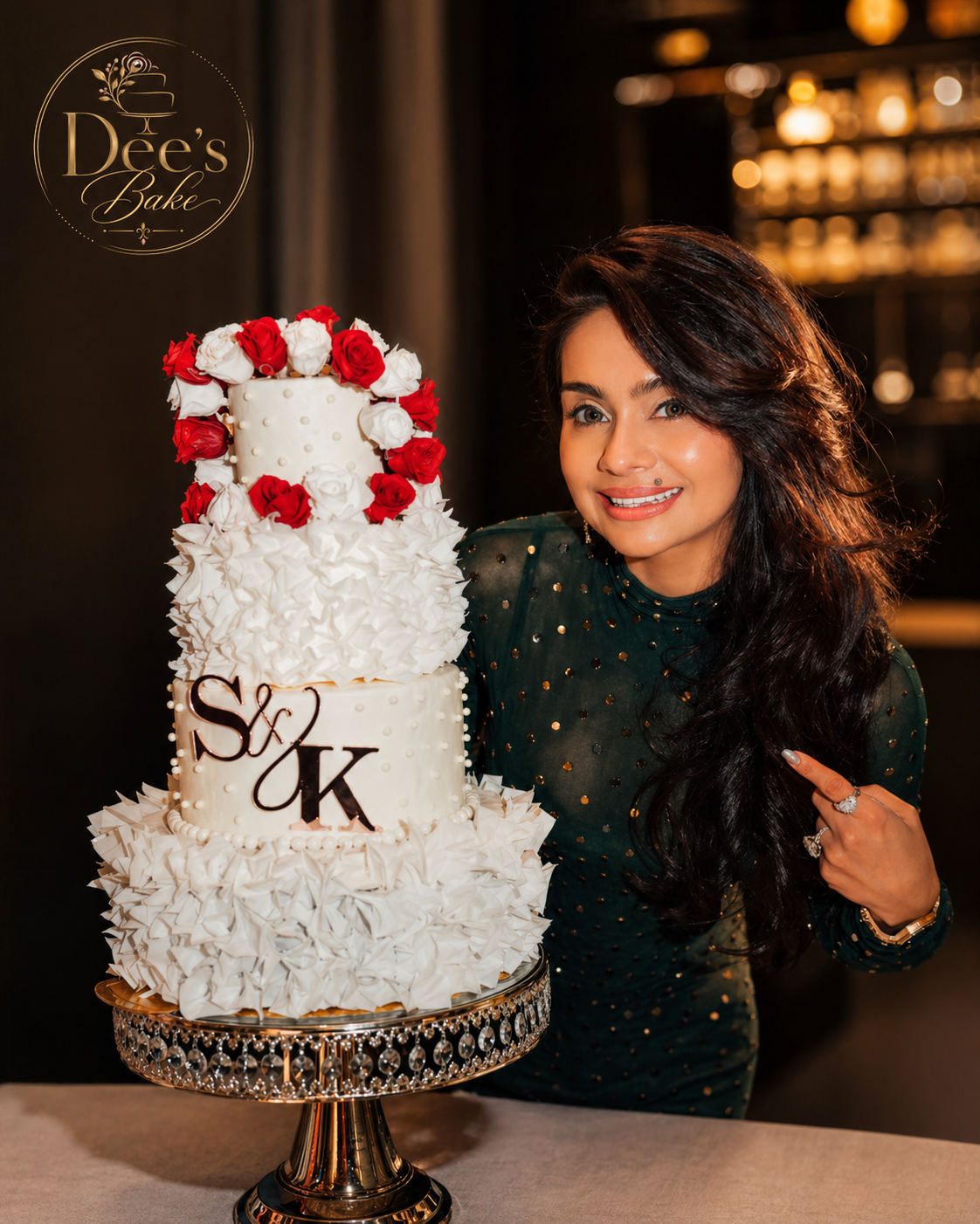 Dee with a custom tiered cake